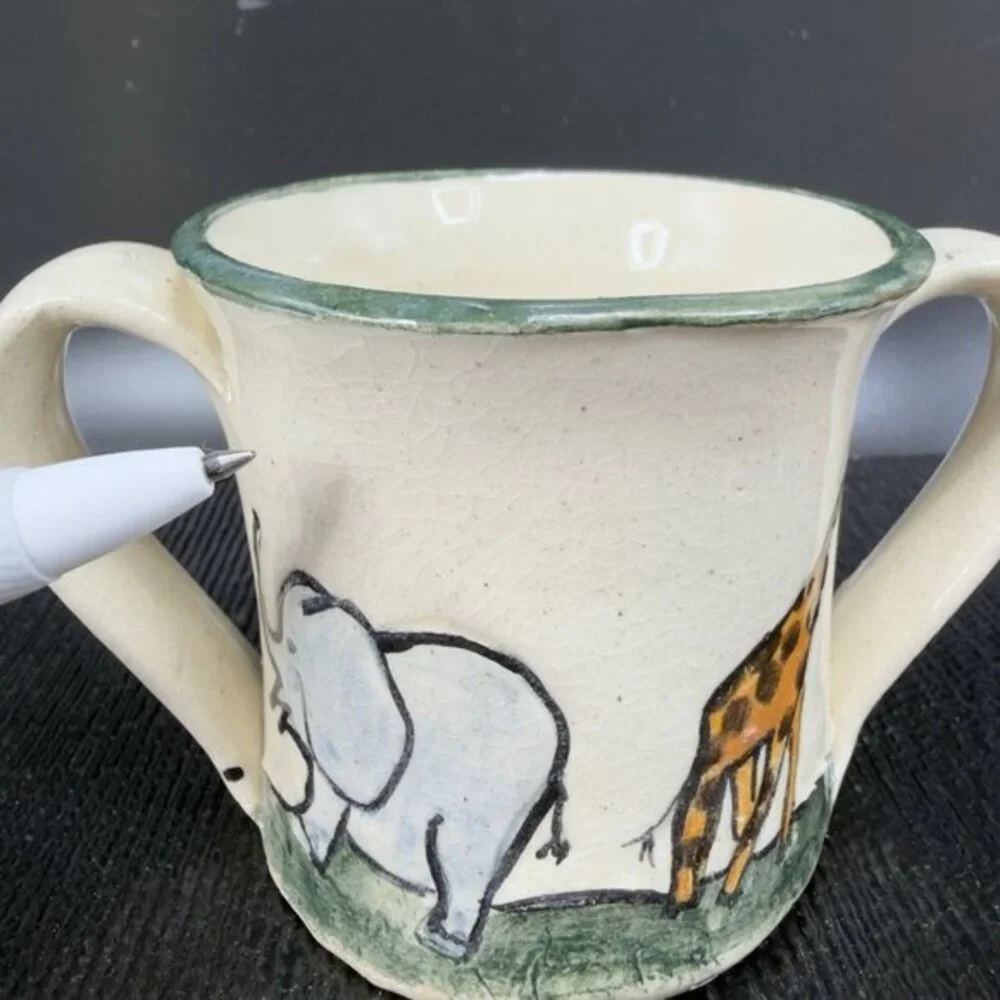 G Miller Signed Handcraft Art Pottery Double Handle Cup Mug Elephant Giraffe VTG
